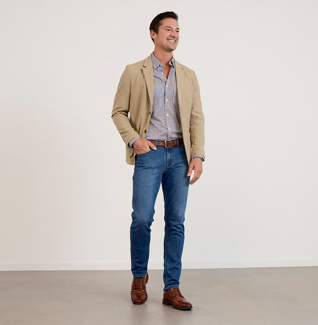 Departure Jeans 3.0 - Light Blue Wash with Hopsack Blazer in Sandstone