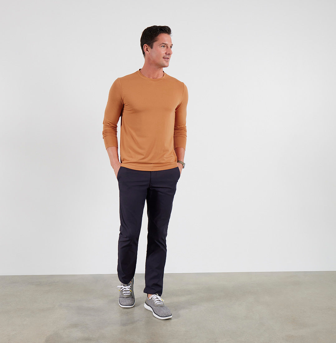 Full length view of model wearing Threshold LS Rustic Orange T-shirt