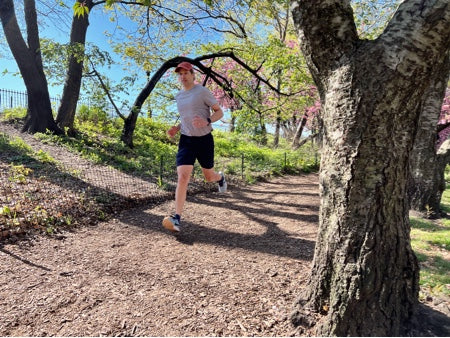 Stefan runs in Central Park wearing the Rev shorts.