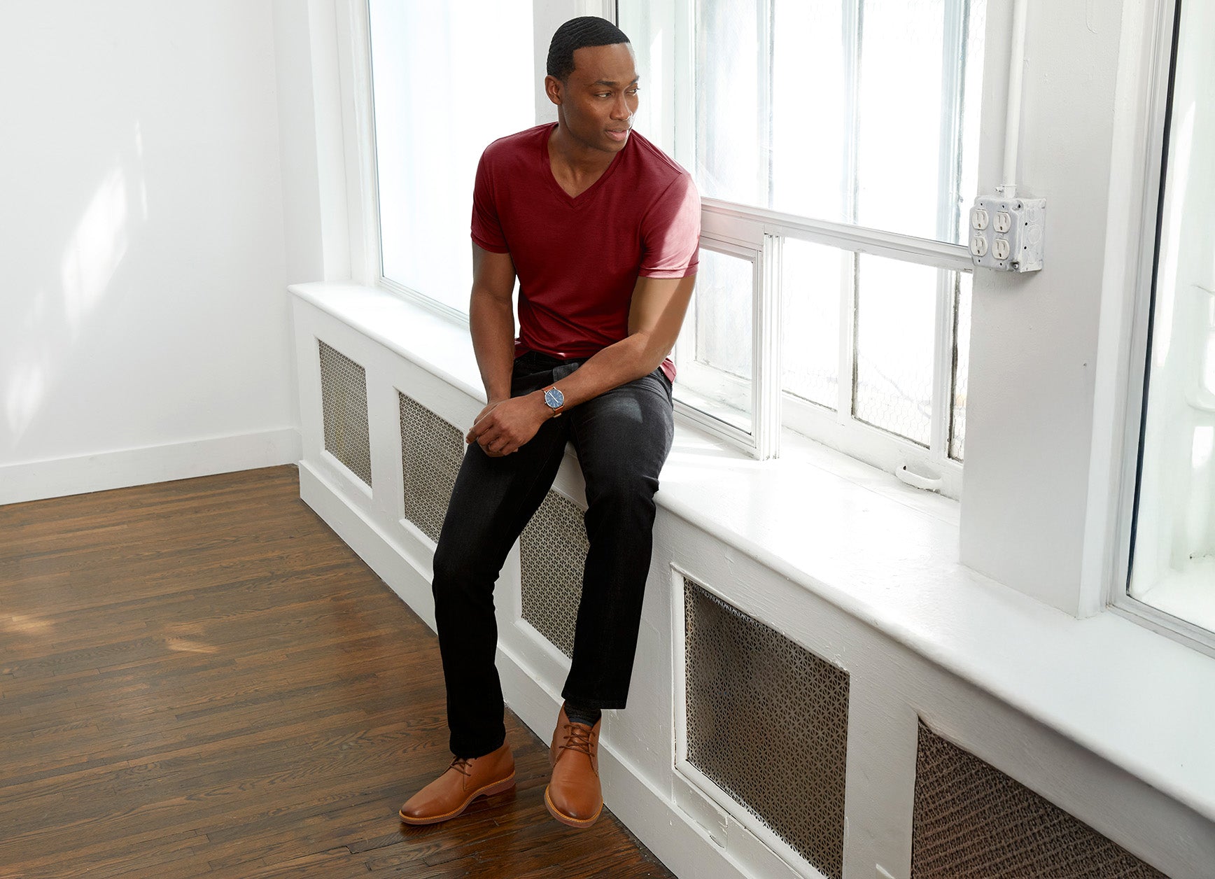 Threshold V-Neck T-Shirt, Deep Maroon, Black Departure Jeans