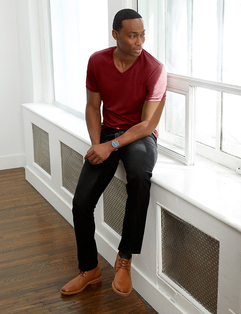 Threshold V-Neck T-Shirt, Deep Maroon, Black Departure Jeans