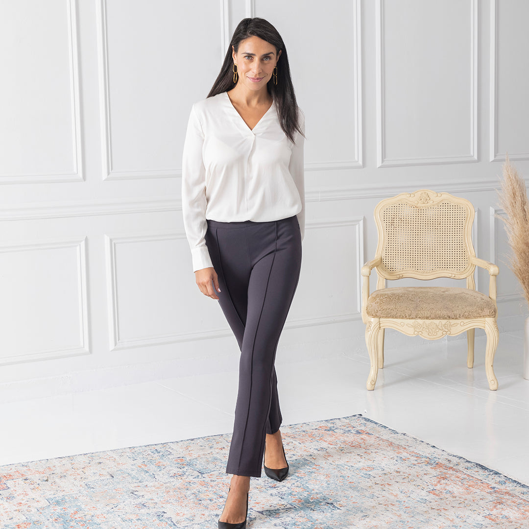 Pintucked Ponte Slim-Leg Pants